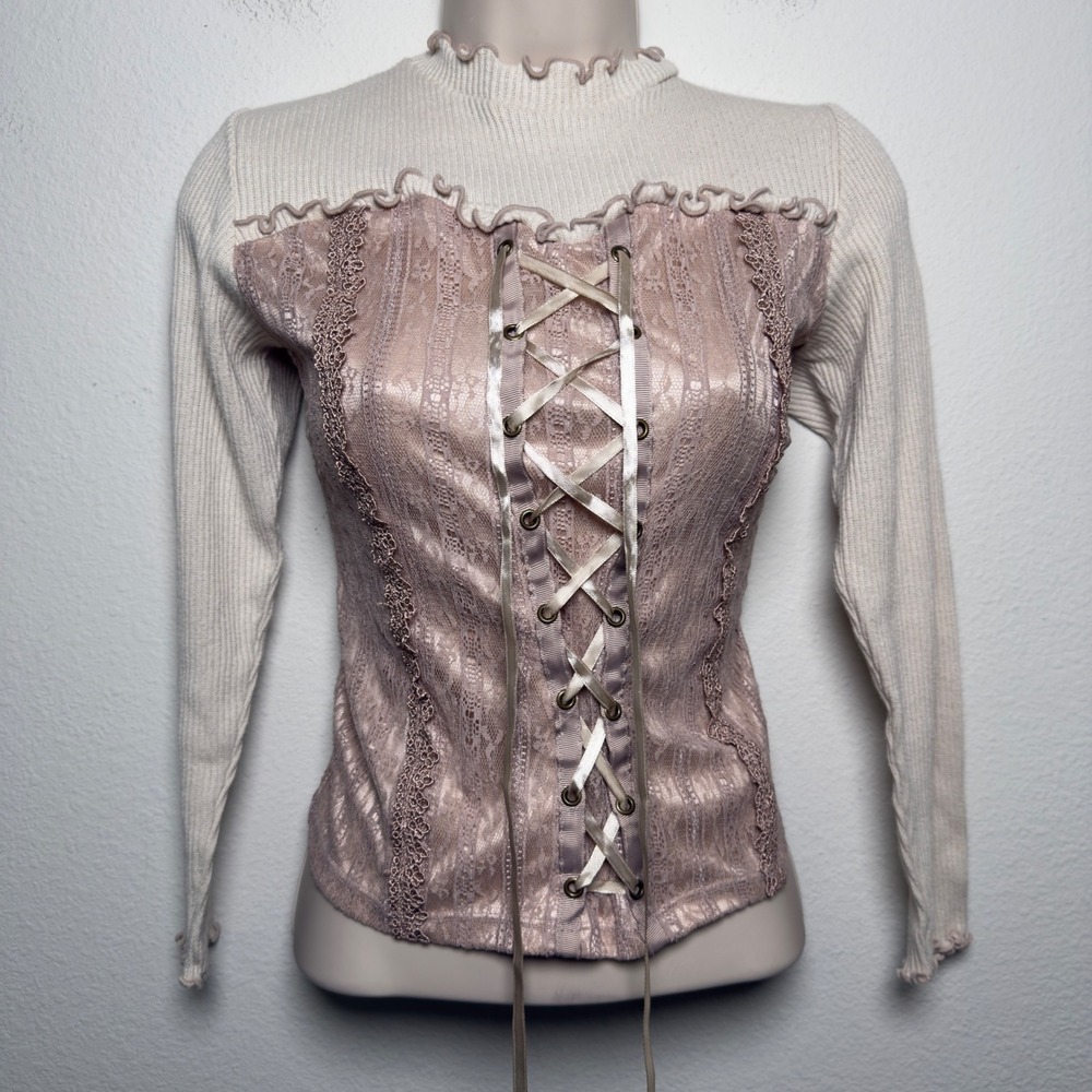 Axes Femme Women Cotton Coquette Royalcore Top M Pink Lace Up Corset Ribbed